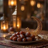 ramadan dates on a plate with a moon and candle photo