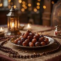 dates on a plate in front of a candle photo