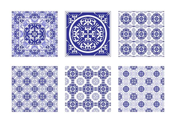 Mediterranean 6 ceramic tiles pattern collection isolated on white background. Portuguese, Sicilian, Spanish tile decor in blue, white. Backdrop for wrapping paper, wallpaper, fabric, textile, ceramic