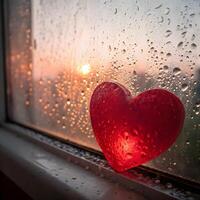 a red heart is sitting on a window sill with raindrops photo