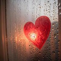 a red heart is seen on a window with water droplets photo