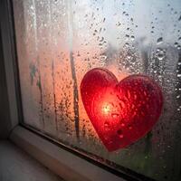 a red heart is seen on a window sill with rain drops photo