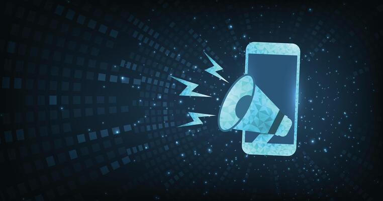 3D blue megaphone on mobile phone with lightning.