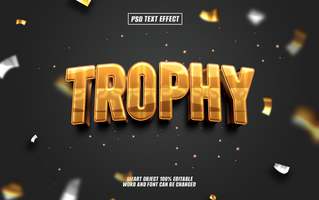 3D golden text effect Trophy on dark background with confetti psd