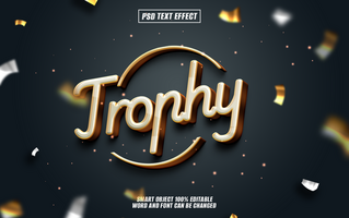 3D golden Trophy text effect with confetti on dark background. psd