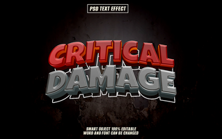 3D text effect design Critical Damage with red and grey letters psd