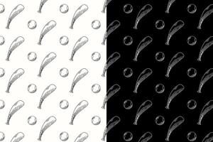 baseball bat and ball doodle seamless pattern on black white background set. softball stick hit ball engraving pattern background. retro softball bat and ball background for sport club merchandise vector