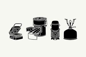gas cylinder stove with holder, furnace with firewood, folding stove firebox, stove tube shape with pot portable filled solid style icon element designs collection set for camping, outdoor, adventure vector