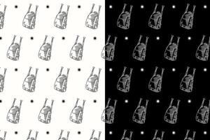 backpack with baseball bat doodle seamless pattern on black white background set. softball bag engraving pattern background. retro baseball bag with bats background for baseball sport club merchandise vector