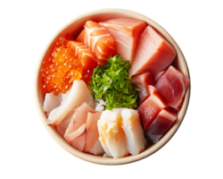 Colorful Seafood Bowl with Salmon Tuna Rice and Roe png