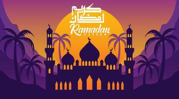 ramadan kareem greetings with mosque and palm trees vector
