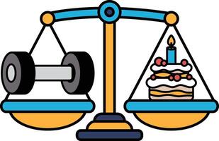 A scale with a cake on one side and a dumbbell on the other vector