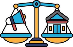 A scale with a microphone on one side and a building on the other vector