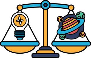 A scale with a light bulb on one side and a planet on the other vector
