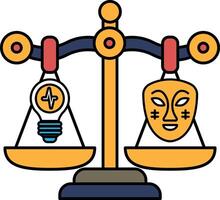 A scale with a light bulb on one side and a mask on the other vector