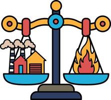 A scale with two sides, one side has a factory and the other side has a house vector