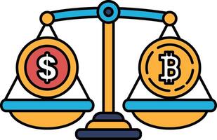 A scale with a dollar sign on one side and a bitcoin symbol on the other vector