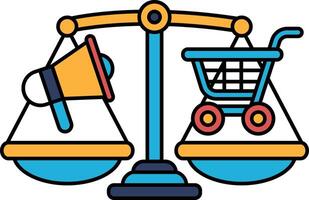 A scale with a shopping cart on one side and a megaphone on the other vector