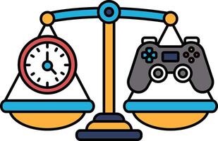 A scale with a clock on one side and a game controller on the other vector