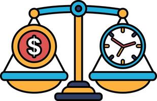 A scale with a dollar sign on one side and a clock on the other vector