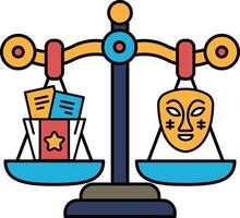 A scale with a mask on one side and a stack of papers on the other vector