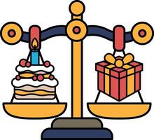 A scale with a cake on one side and a gift on the other vector
