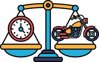 A scale with a motorcycle on one side and a clock on the other vector