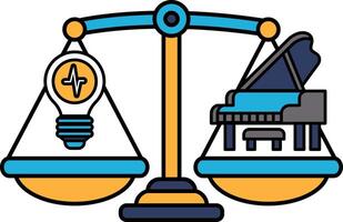 A scale with a light bulb on one side and a piano on the other vector