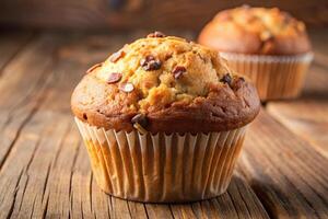 a muffin on a wooden table photo