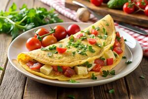 a plate of omelets with tomatoes and cheese photo