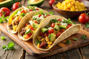 tacos with vegetables and tomatoes on a wooden cutting board photo