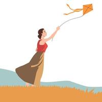 Woman stands barefoot in a grassy field, joyfully flying a kite, symbolizing freedom and serenity. vector