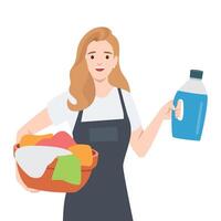 Woman holds a basket of colorful laundry in one hand and a bottle of detergent in the other. vector