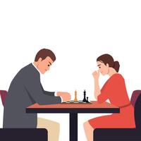Man and a woman sit across from each other at a table, deeply engaged in a chess match. vector