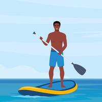 Black man holds a paddle in his hands and stands on a sup board. Summer active rest on the sea or river. Sup boarding. illustration. vector