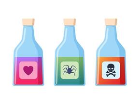 Several Flasks with potions. Magic bottles for witchcraft, elixir, love potion poison and antidote. illustration. vector