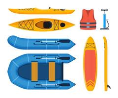 Boats and gear for rafting. Paddle board, kayak and inflatable boat. Basic set for SUP. Inflatable board, paddle, life jacket, pump. illustration. vector
