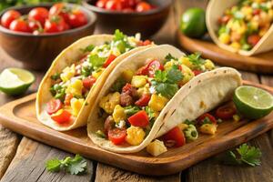 three tacos with vegetables and tomatoes on a wooden cutting photo