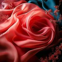 The image showcases a beautifully arranged silky fabric that resembles the petals of a blooming rose. The soft, flowing texture and elegant color palette create a luxurious and romantic atmosphere. photo