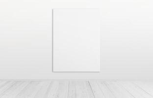 Vertical art canvas on wall in a clean room with wooden floor. Ideal for art canvas mockup and presentation photo