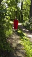A woman in a red dress strolls along a narrow, sunlit path through a lush, green forest. The image captures the peacefulness of nature as she walks away from the camera, enveloped in tranquility. video