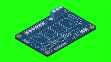 Isometric electronic board animation. Isometric printed circuit board with electronic components. Electronic components and integrated circuit board. 4K animated in isometric style video
