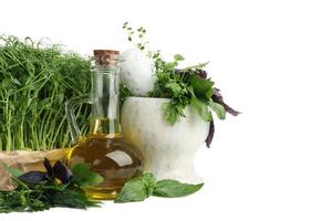 Different herbs, oil and marble mortar isolated on white background photo
