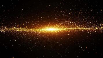 Gold color digital particles wave flow and light flare. abstract technology background concept. Seamless loop 4K video