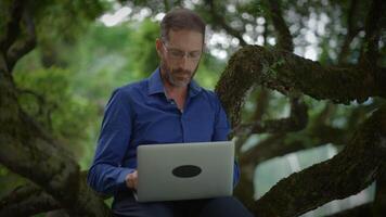 A Man Actively Engaged in Working on His Laptop While Surrounded by Beautiful Nature video