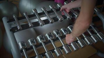 A collection of dumbbells is displayed in a modern gym, inviting you to improve fitness video