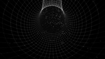 Digital black tunnel. Graphic tunnel looped white on black background with flying particles. Geometric corridor monochrome. Linear point portal. Looped jump string theory. video