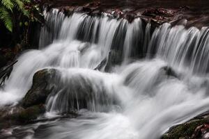 A waterfall in the woods with water flowing over rocks photo