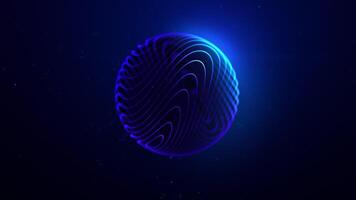 Glowing sphere on a blue background. Holographic ball on a gradient. Geometric neon graphic fluorescent light ball. Looped. Digital sphere background. Moon eclipse. Spark particles, night space. video