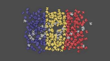 Animation of a Romania flag falling onto the surface, assembled from a puzzle with an alpha channel and a shadow. Wind blows the scattered pieces out of frame video